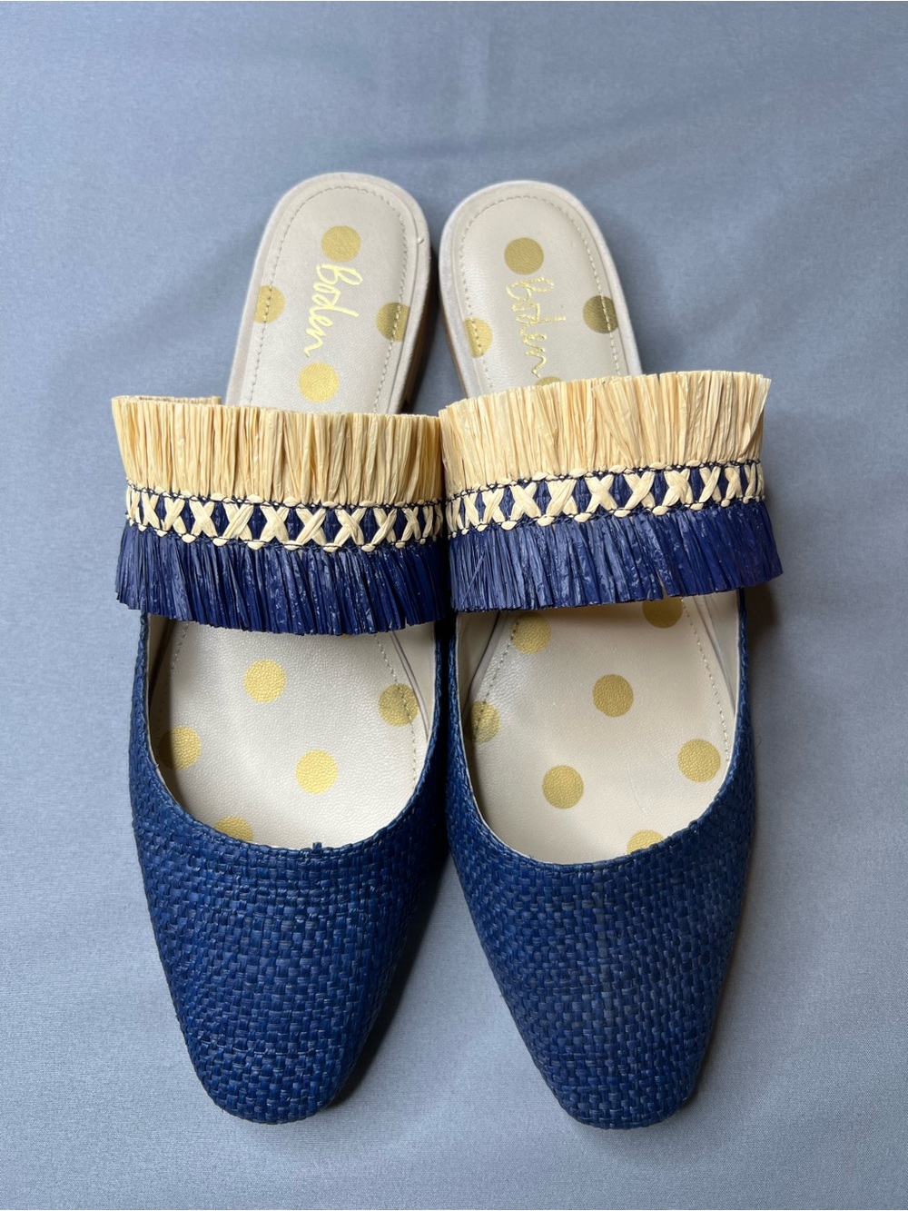 Boden Rosa Raffia Fringe Mules | EU 40 / US 8.5 | Navy & Beige NWOT